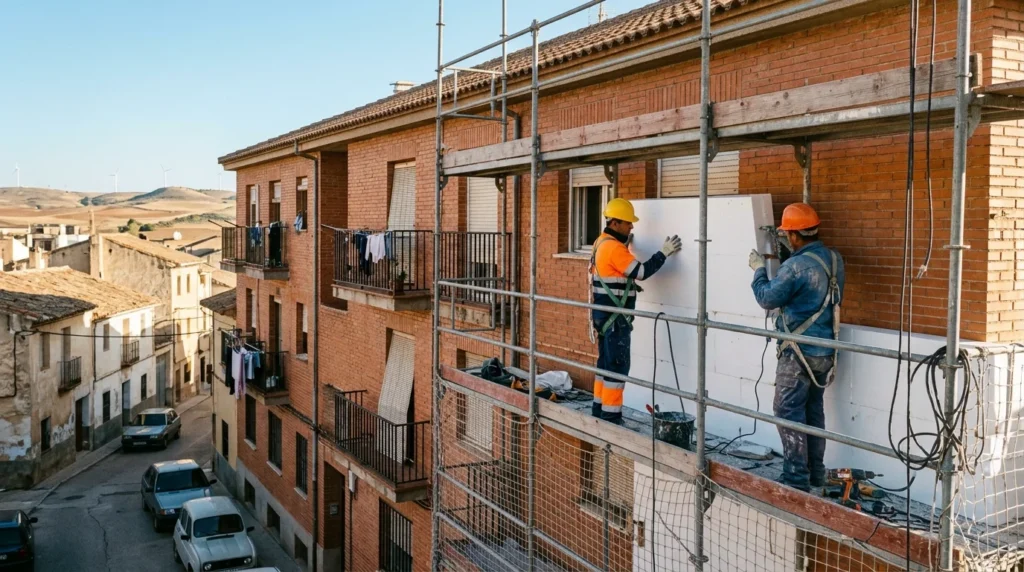 Bloque de viviendas manchego con andamio durante la rehabilitación energética de su fachada Ubicación: imag