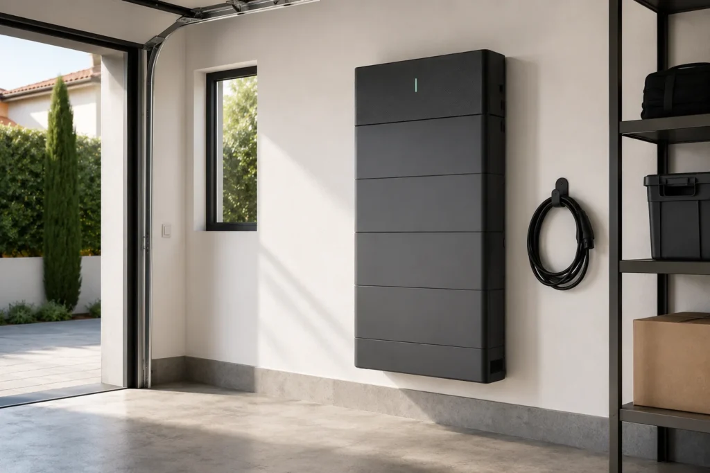 Batería de litio modular instalada en el garaje de una vivienda unifamiliar