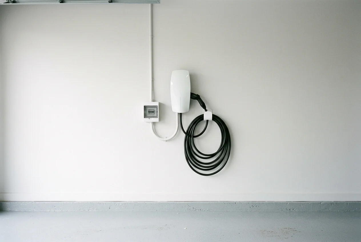 Cargador de pared para coche eléctrico instalado en el garaje de una vivienda particular