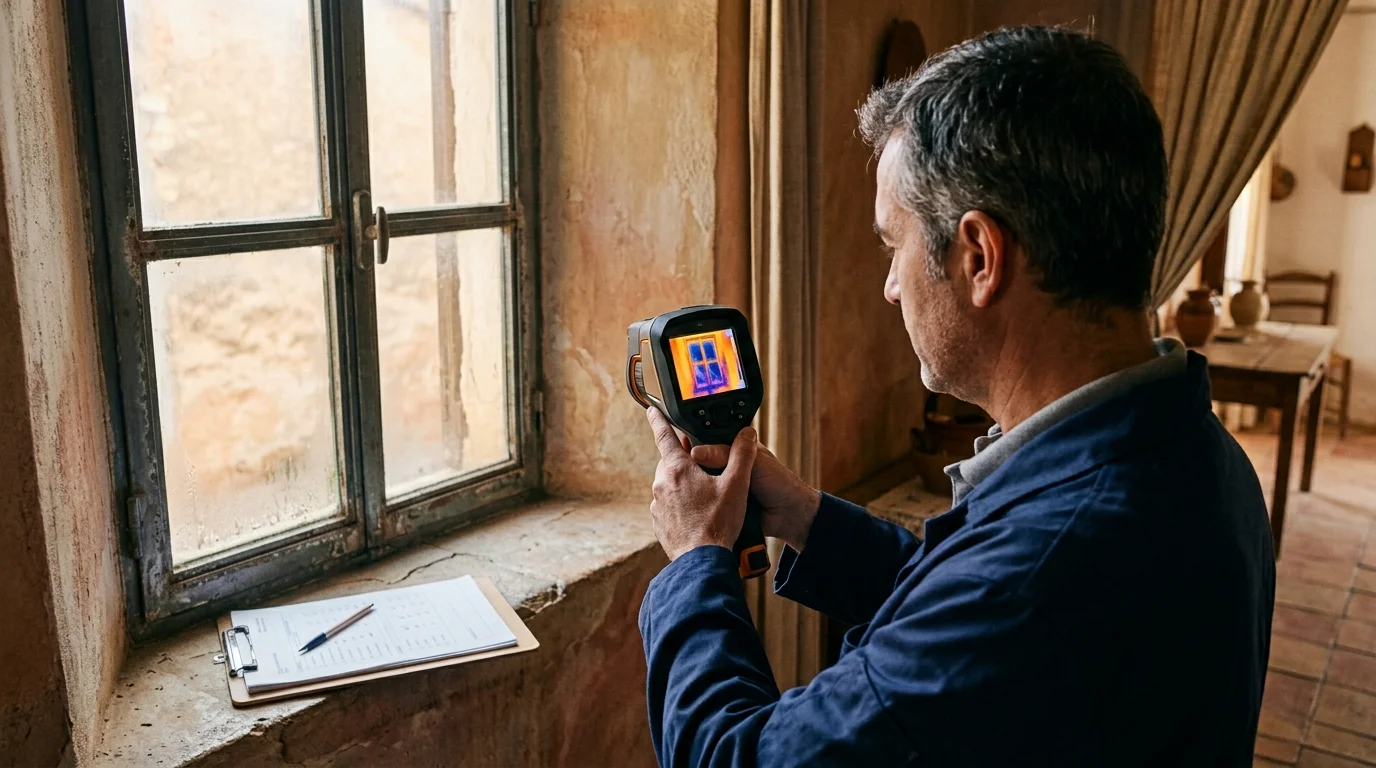 Técnico midiendo una ventana con cámara termográfica para el certificado energético previo