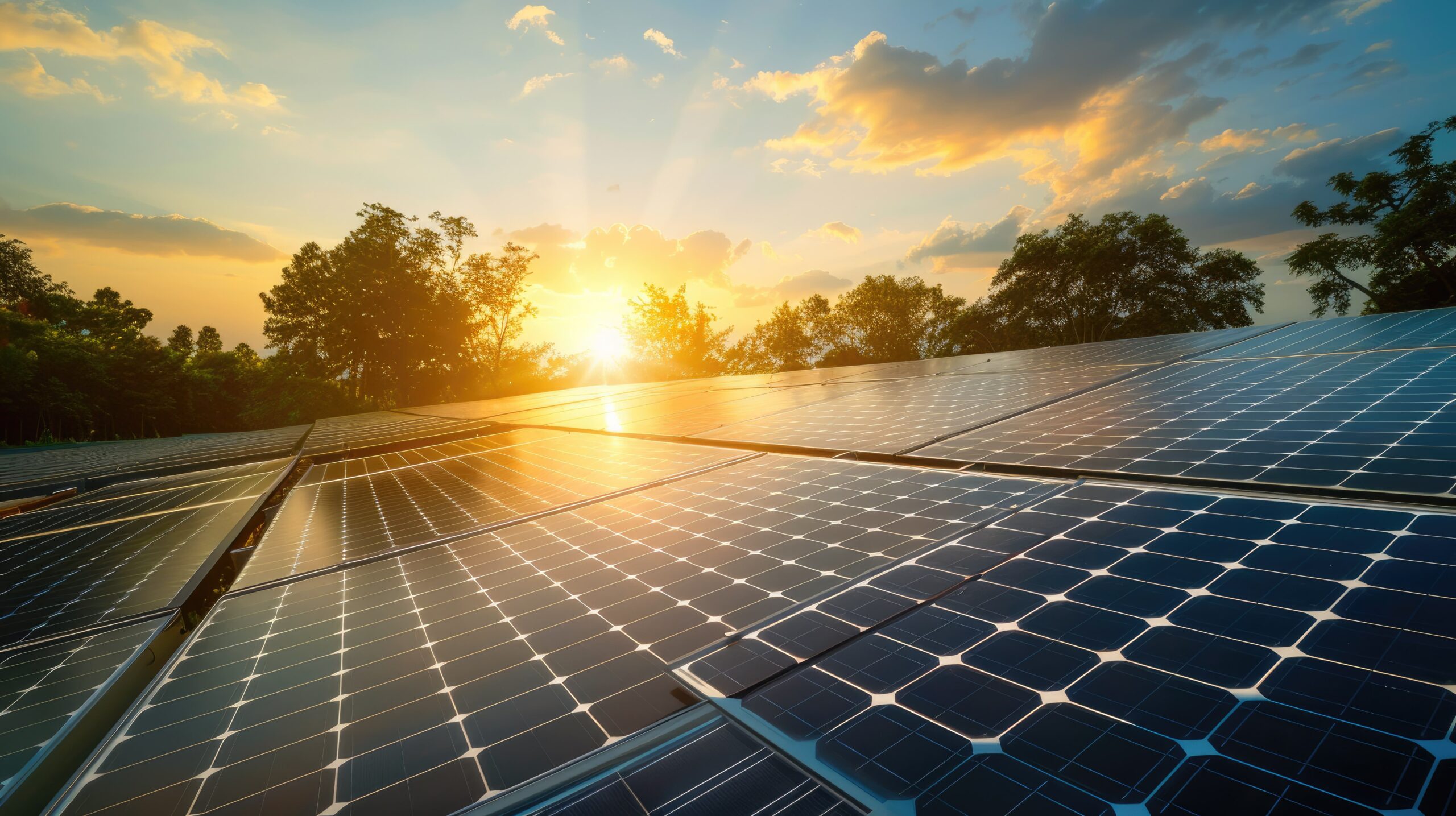 Sol impactando directo en placas solares al atardecer