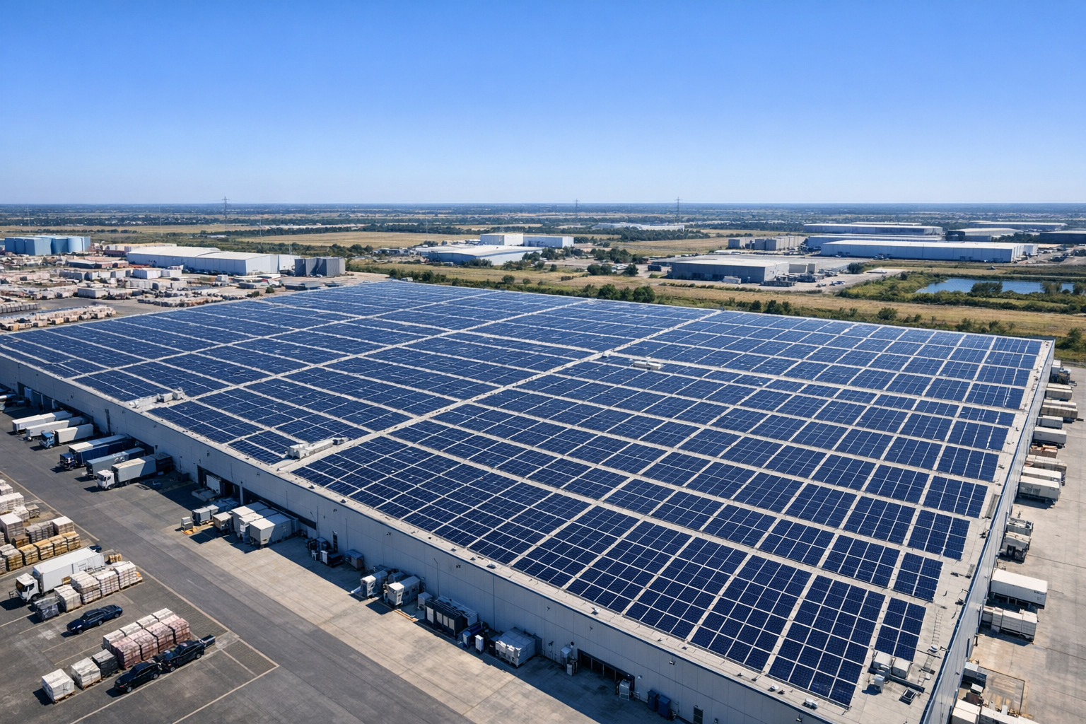 Vista aérea de una nave industrial con refrigeración y paneles solares