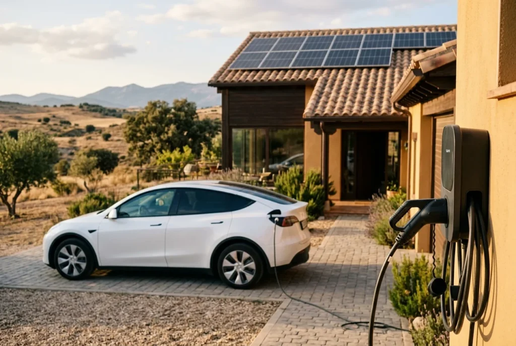 Coche eléctrico cargando en la entrada de una vivienda con placas solares en el tejado