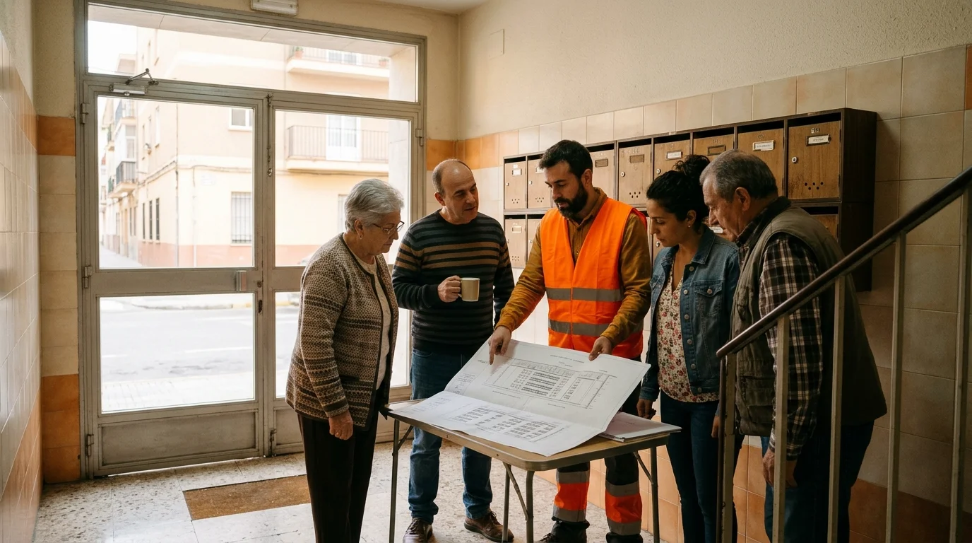 Vecinos de una comunidad revisando el proyecto de rehabilitación energética de su edificio